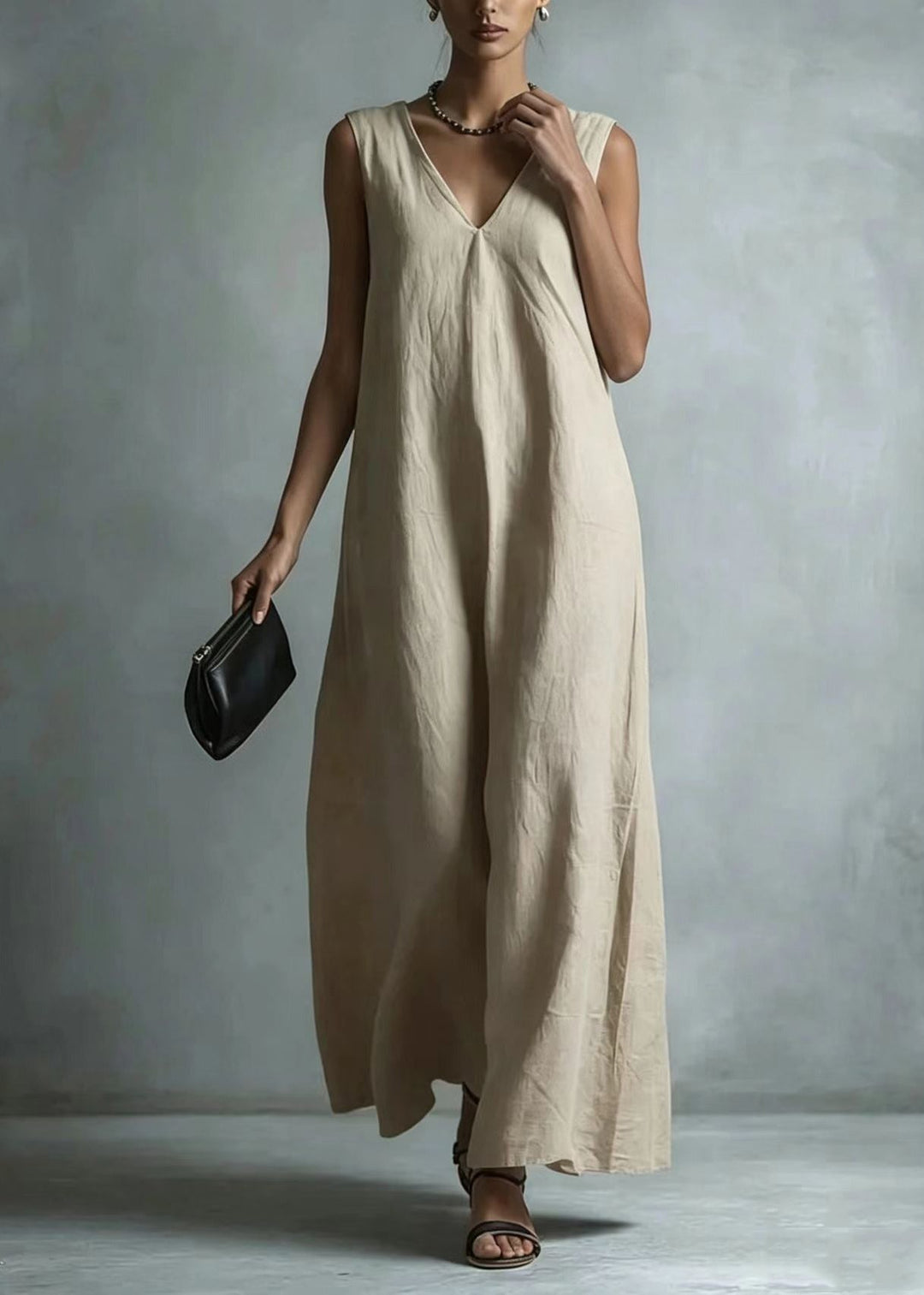 Casual Khaki V Neck Exra Large Hem Maxi Dresses Sleeveless