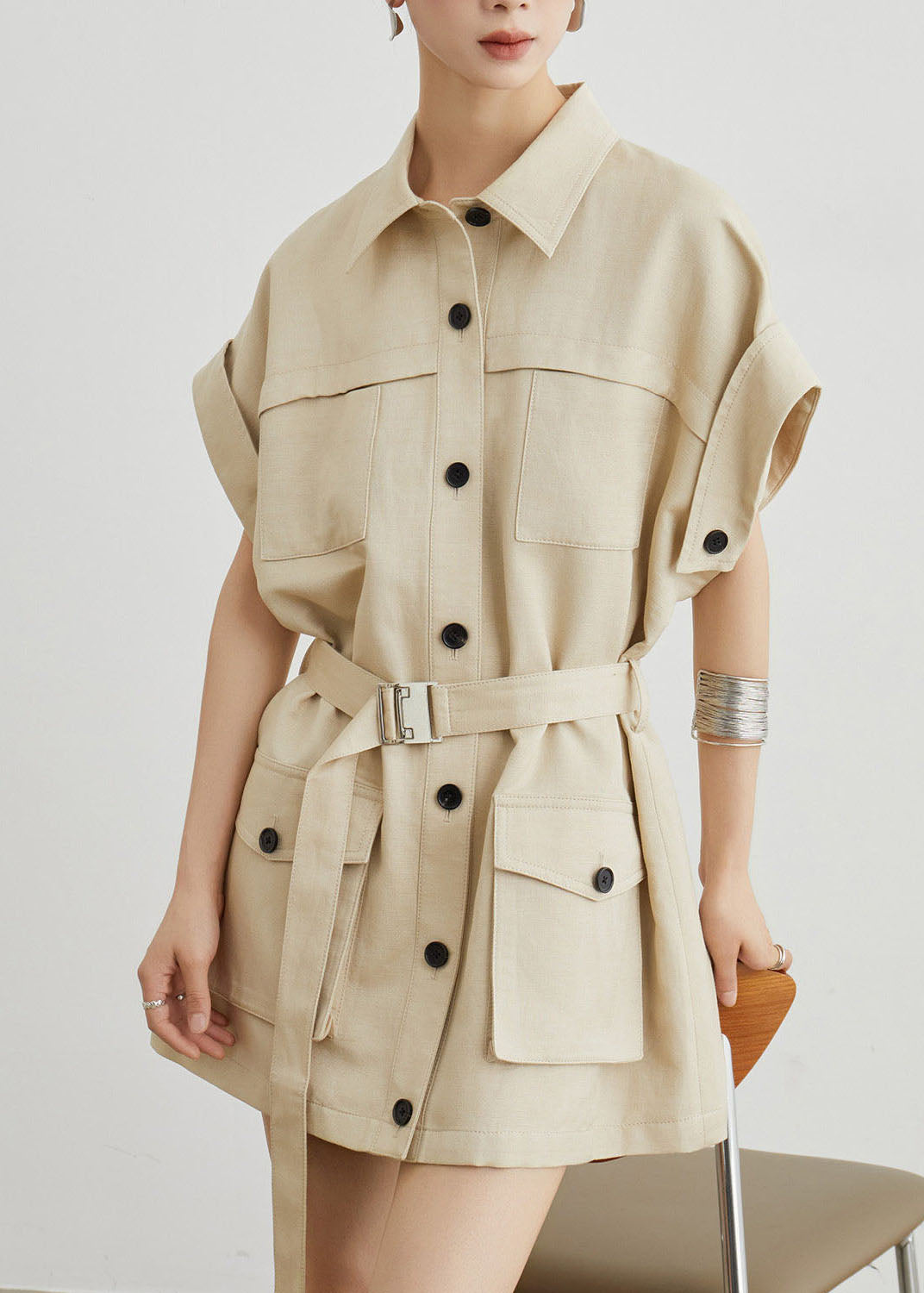 Casual Khaki Workwear Style Pockets T-Shirt Dress Summer
