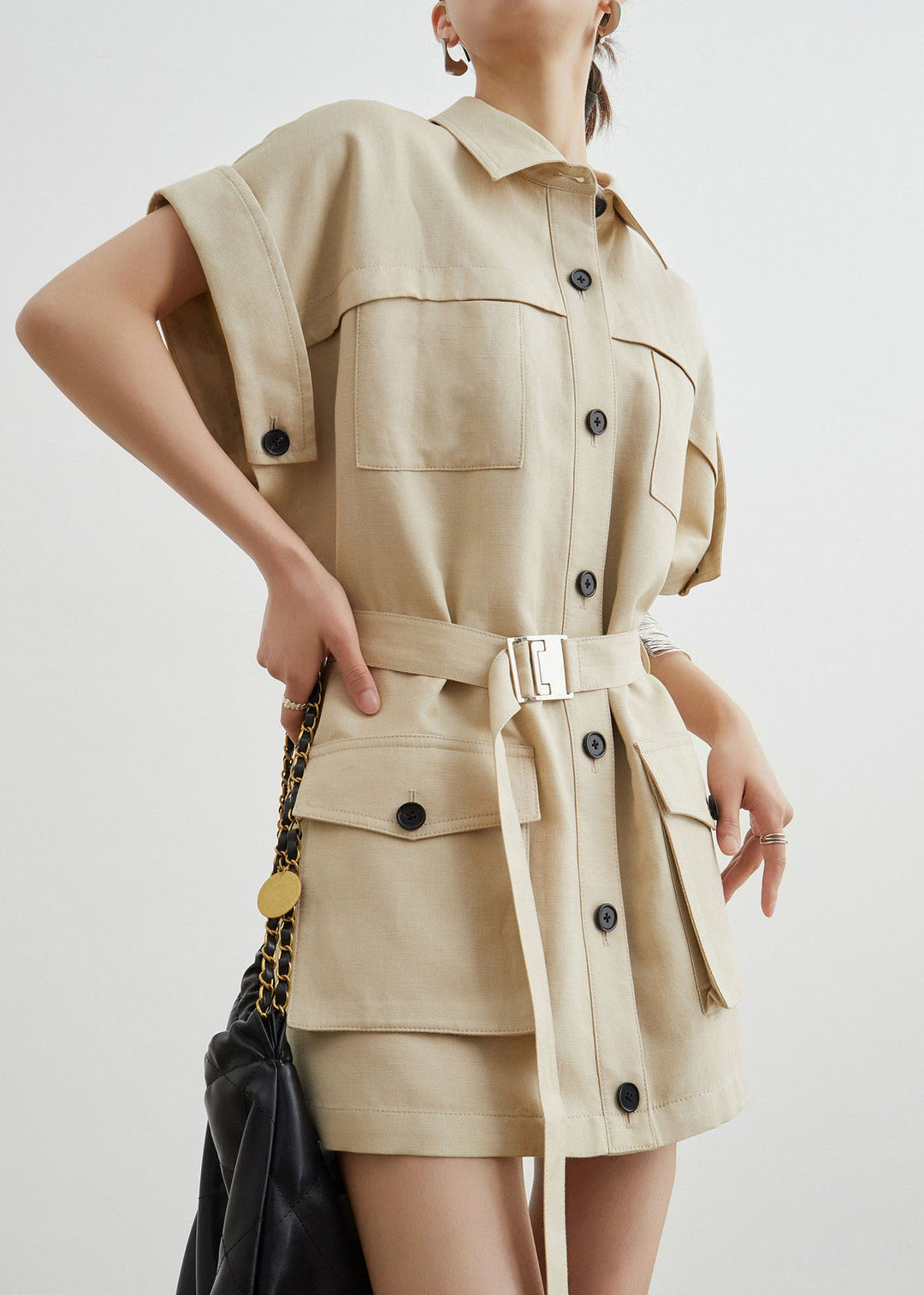 Casual Khaki Workwear Style Pockets T-Shirt Dress Summer