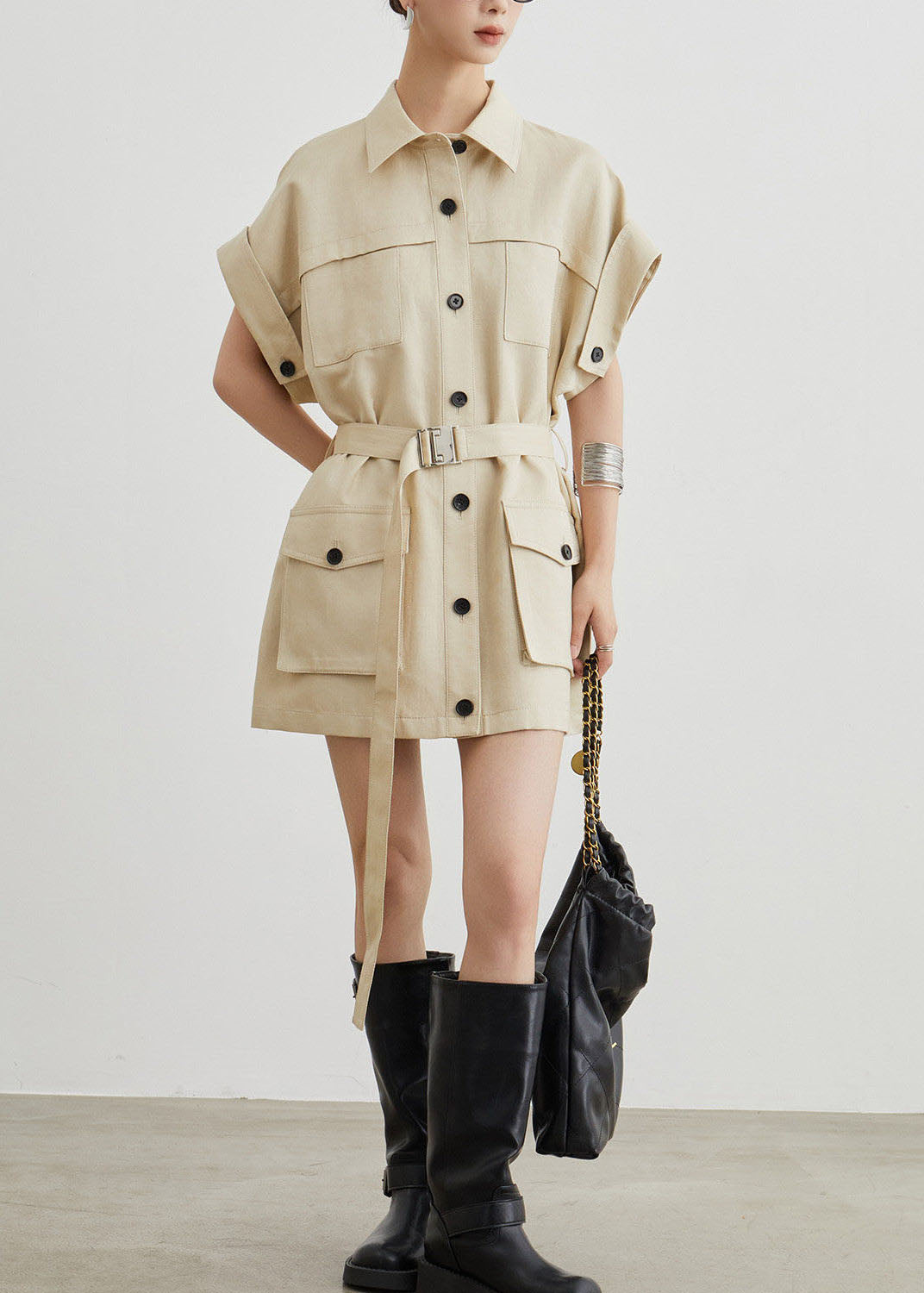Casual Khaki Workwear Style Pockets T-Shirt Dress Summer