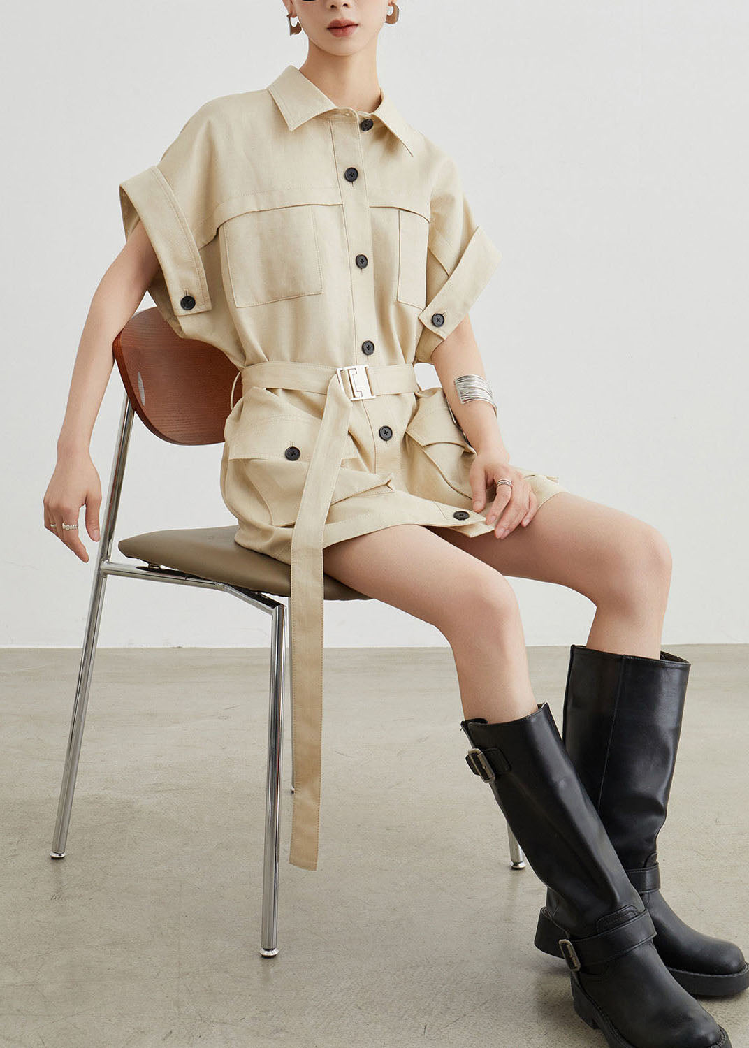 Casual Khaki Workwear Style Pockets T-Shirt Dress Summer