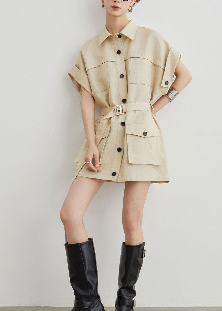 Casual Khaki Workwear Style Pockets T-Shirt Dress Summer
