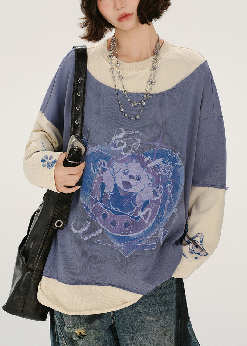 Casual Lavender Oversized Patchwork Cotton Sweatshirt Streetwear Spring