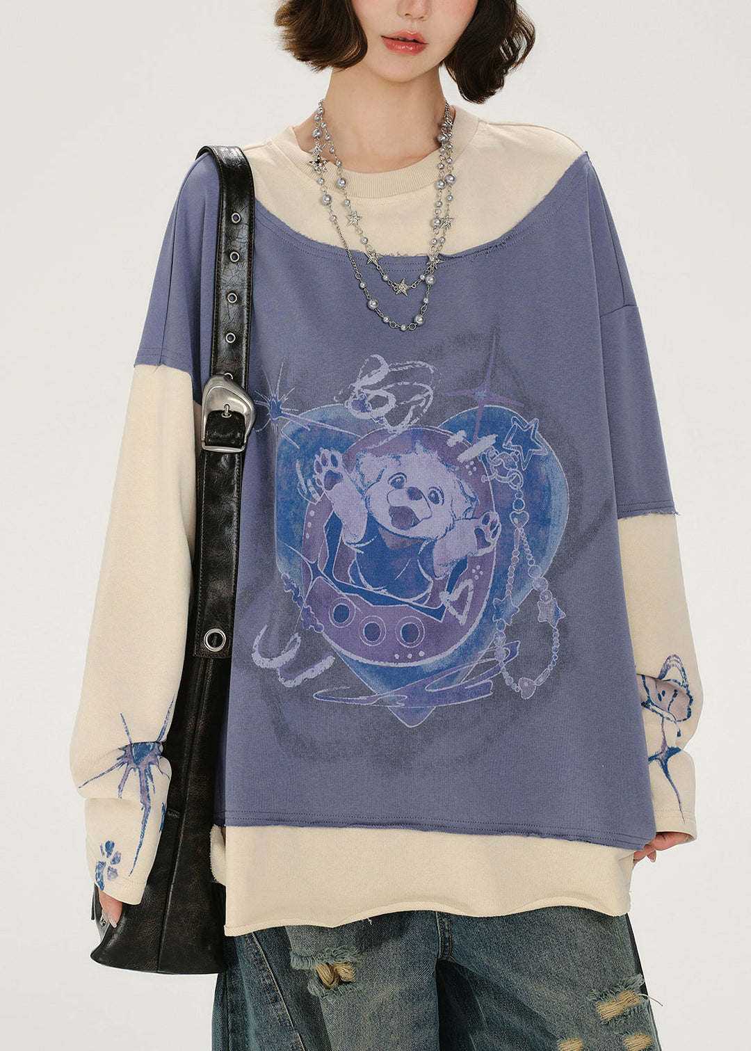 Casual Lavender Oversized Patchwork Cotton Sweatshirt Streetwear Spring