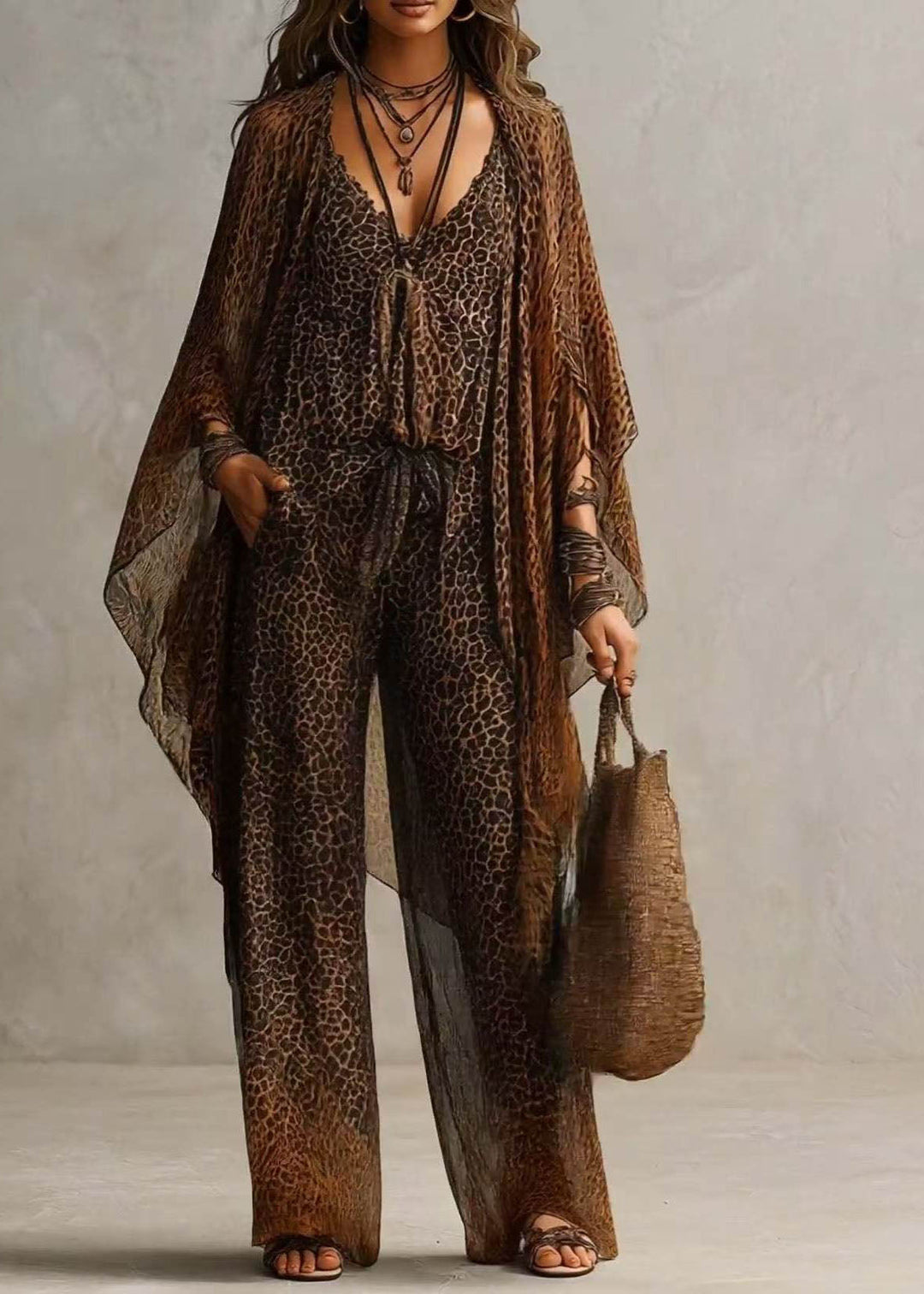 Casual Leopard UPF 50+ And Jumpsuit Two Pieces Set Long Sleeve