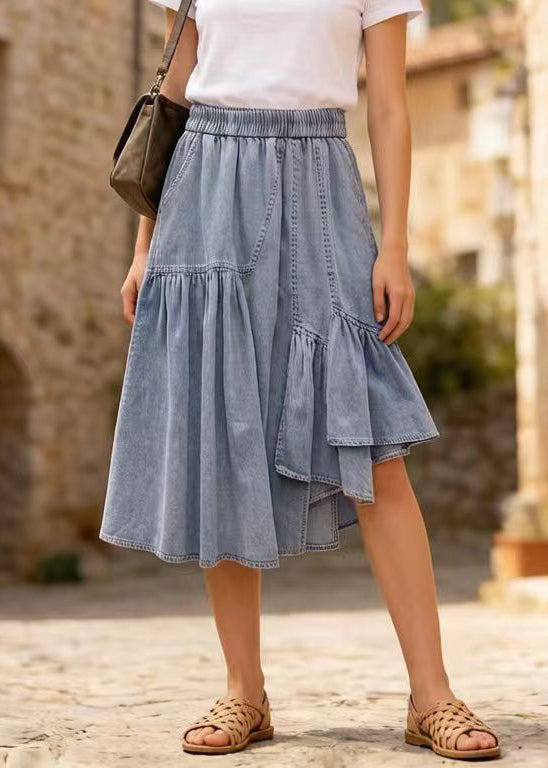 Casual Light Blue Asymmetrical Denim Holiday Skirts Summer