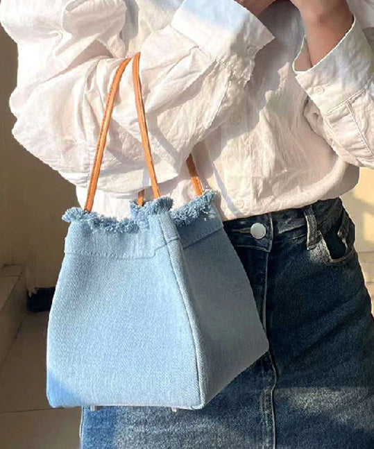 Casual Light Blue Denim Splicing Tassel Bucket Bag