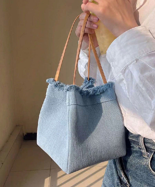 Casual Light Blue Denim Splicing Tassel Bucket Bag