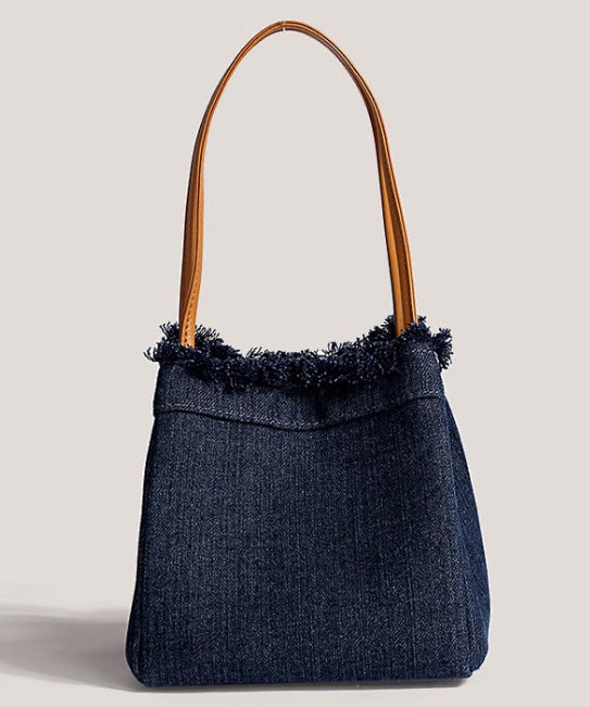 Casual Light Blue Denim Splicing Tassel Bucket Bag