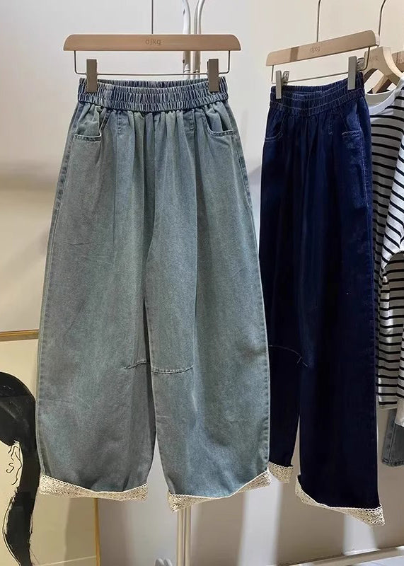 Casual Light Blue Pockets Elastic Waist Crop Jeans Fall