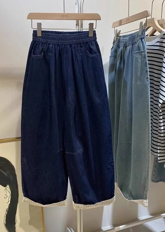 Casual Light Blue Pockets Elastic Waist Crop Jeans Fall