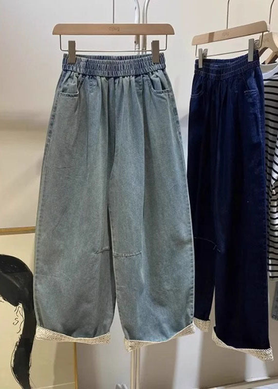 Casual Light Blue Pockets Elastic Waist Crop Jeans Fall