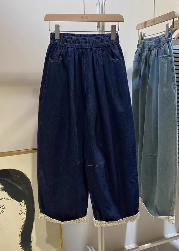 Casual Light Blue Pockets Elastic Waist Crop Jeans Fall