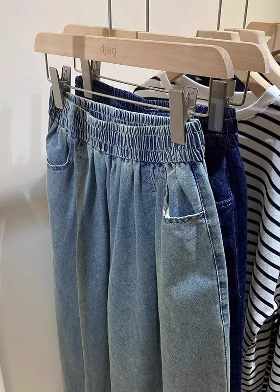 Casual Light Blue Pockets Elastic Waist Crop Jeans Fall