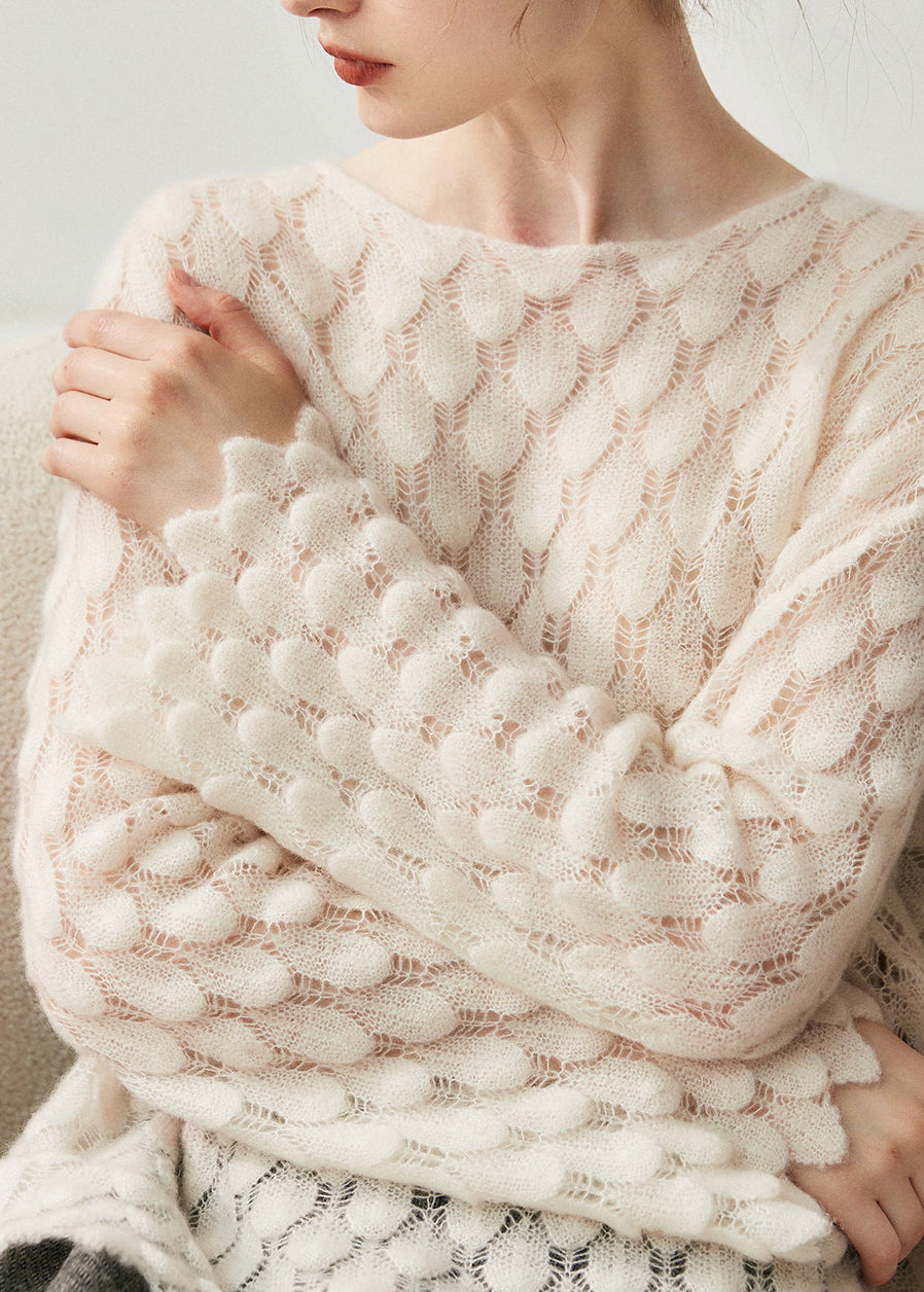 Casual Light Blue Slash Neck Hollow Out Cotton Knit Sweater Fall