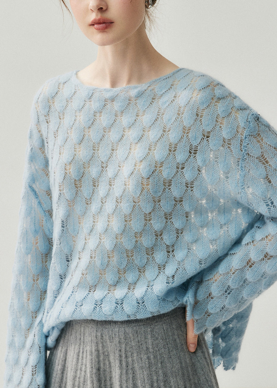 Casual Light Blue Slash Neck Hollow Out Cotton Knit Sweater Fall