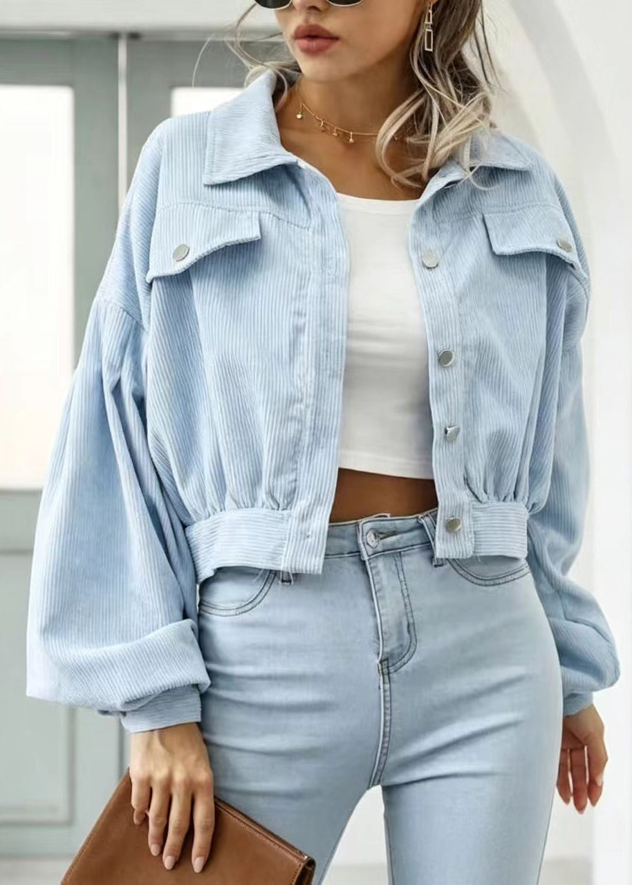 Casual Light Blue Turn-Down Collar Corduroy Lantern Sleeve