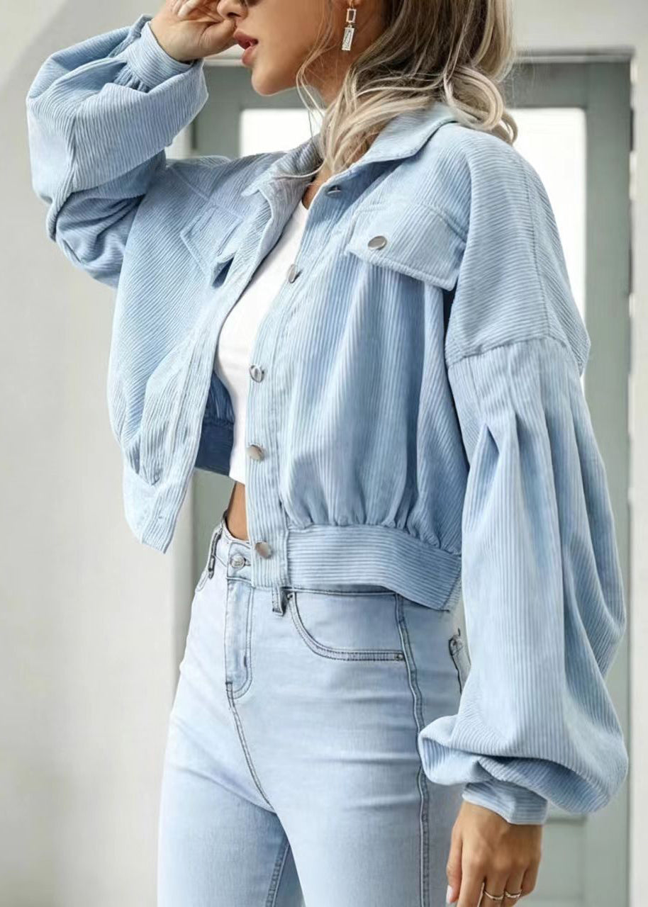 Casual Light Blue Turn-Down Collar Corduroy Lantern Sleeve