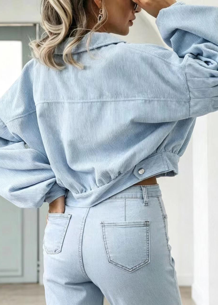 Casual Light Blue Turn-Down Collar Corduroy Lantern Sleeve