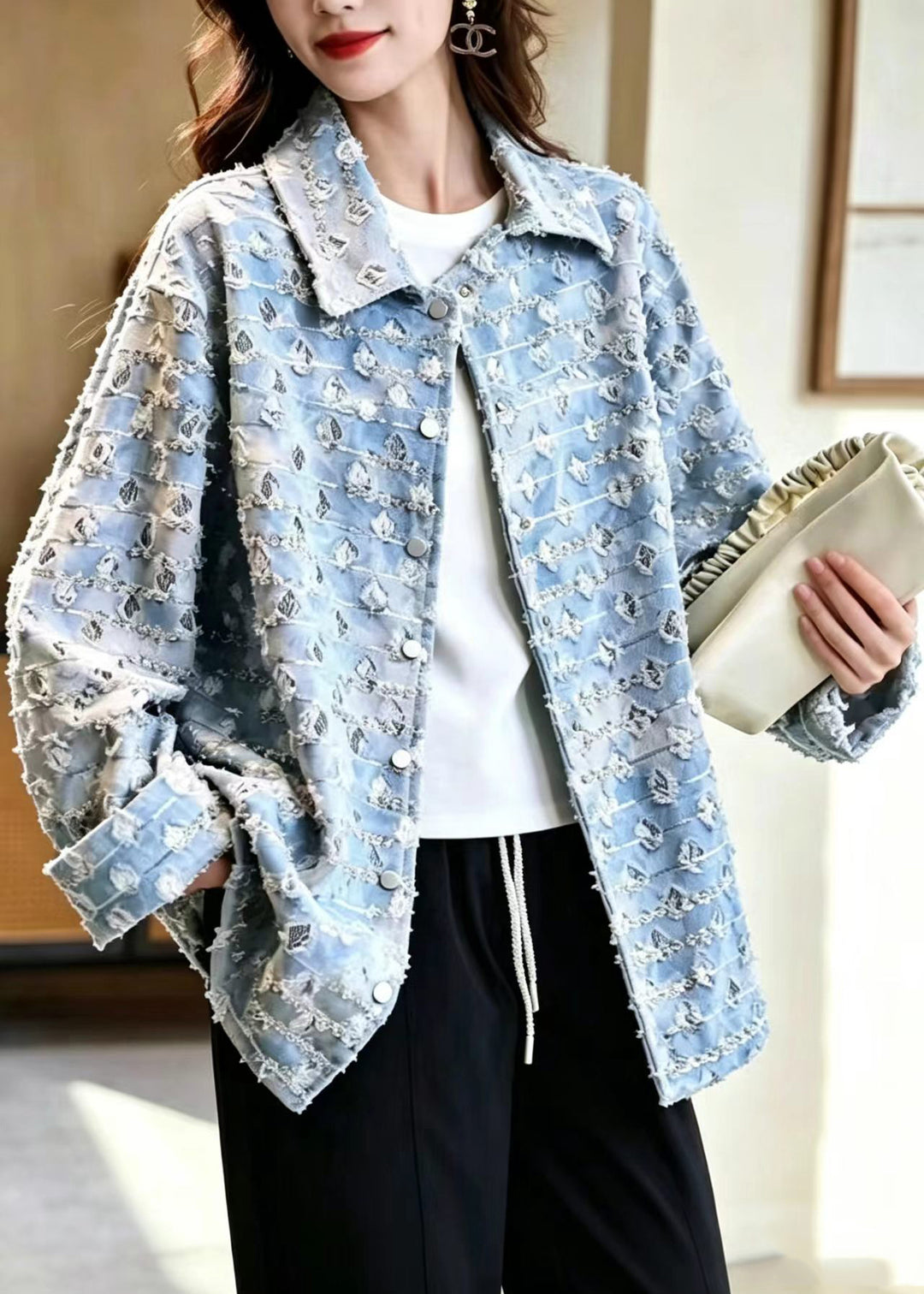 Casual Light Blue Turn-Down Collar Sequins Midi Length Denim Jackets Fall