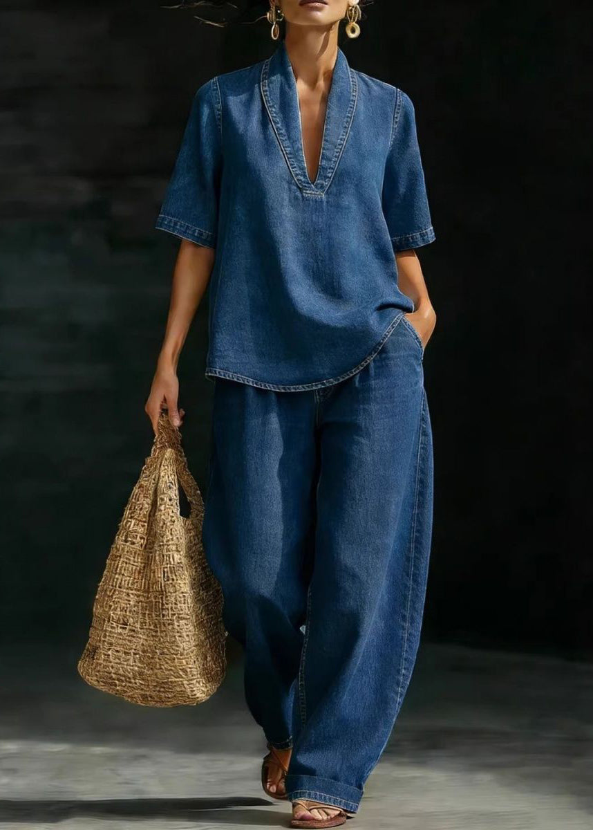 Casual Light Blue V Neck Patchwork Denim T Shirt And Jeans Two Pieces Set Short Sleeve