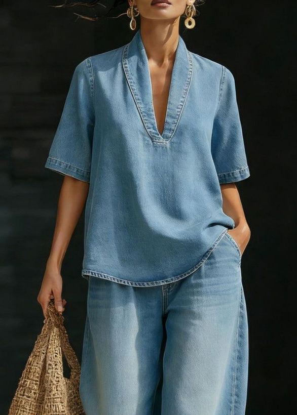 Casual Light Blue V Neck Patchwork Denim T Shirt And Jeans Two Pieces Set Short Sleeve