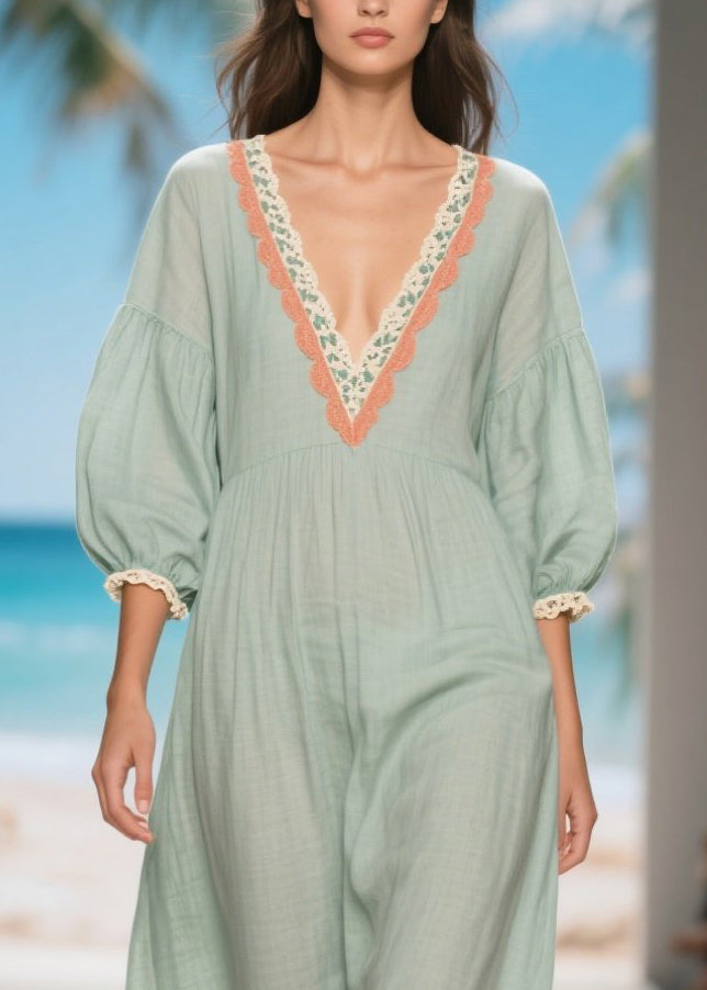 Casual Light Blue V Neck Patchwork Lace Linen Long Dress Summer