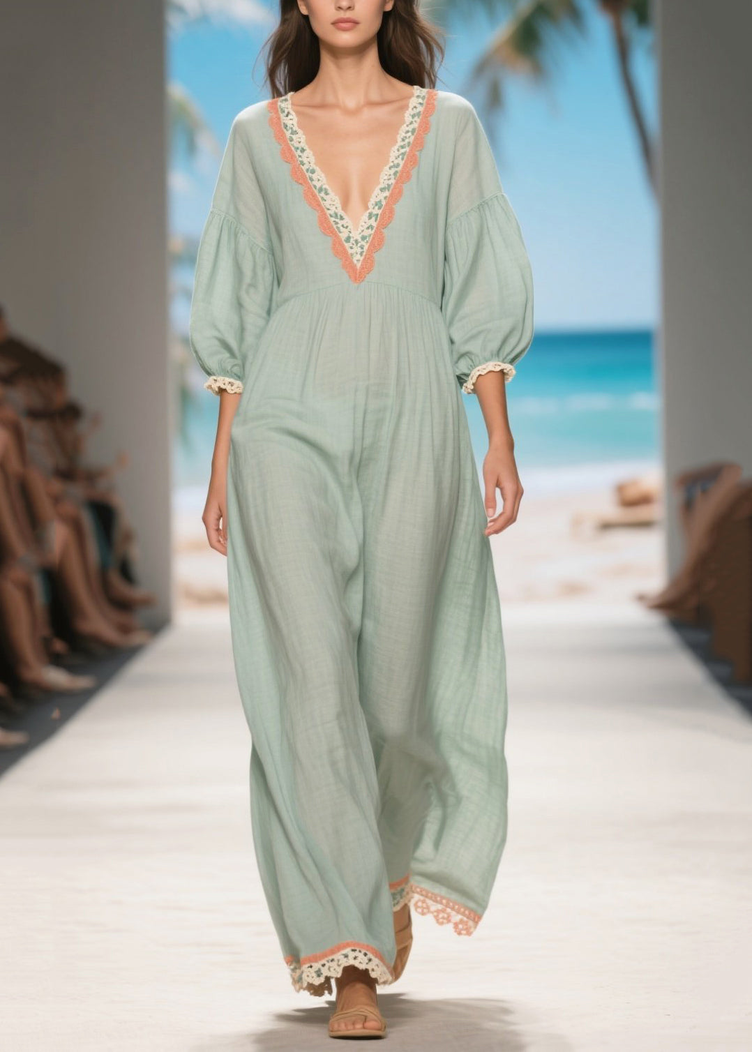 Casual Light Blue V Neck Patchwork Lace Linen Long Dress Summer