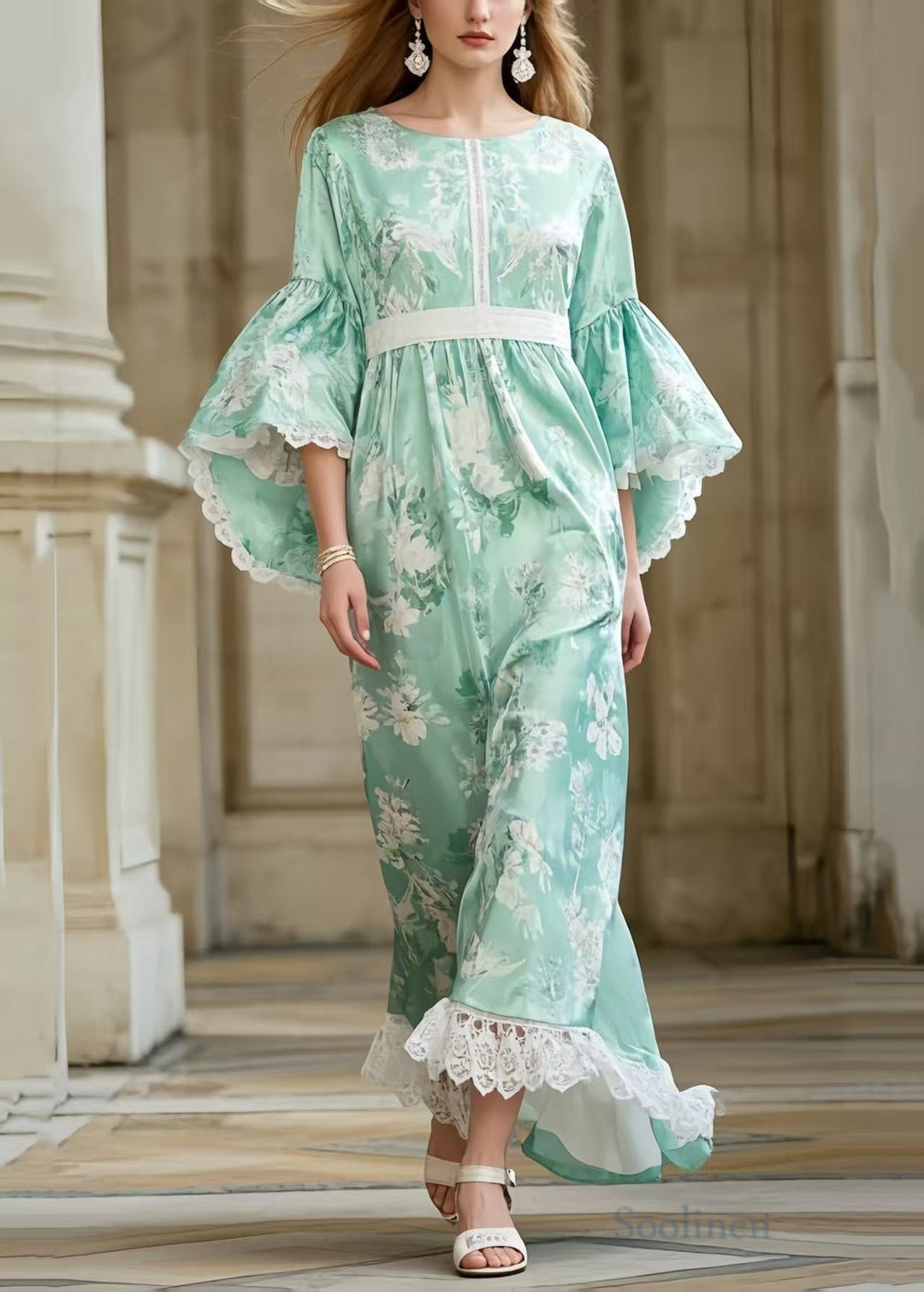 Casual Light Green Print Tunic Patchwork Lace Party Dress Flare Sleeve