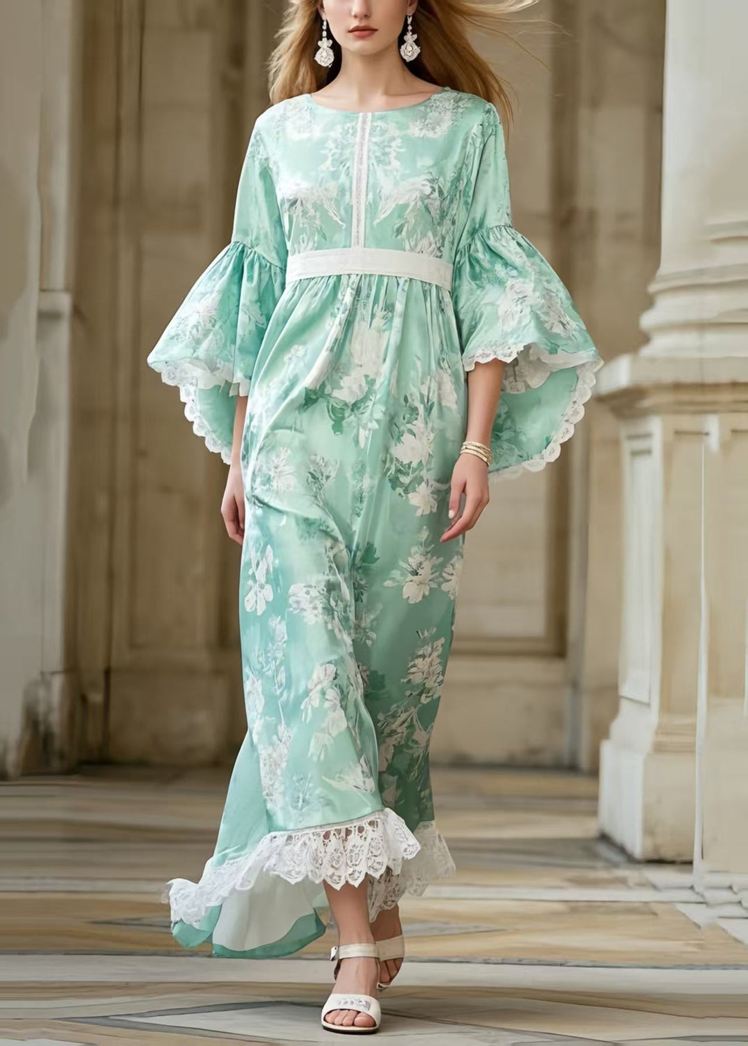 Casual Light Green Print Tunic Patchwork Lace Party Dress Flare Sleeve