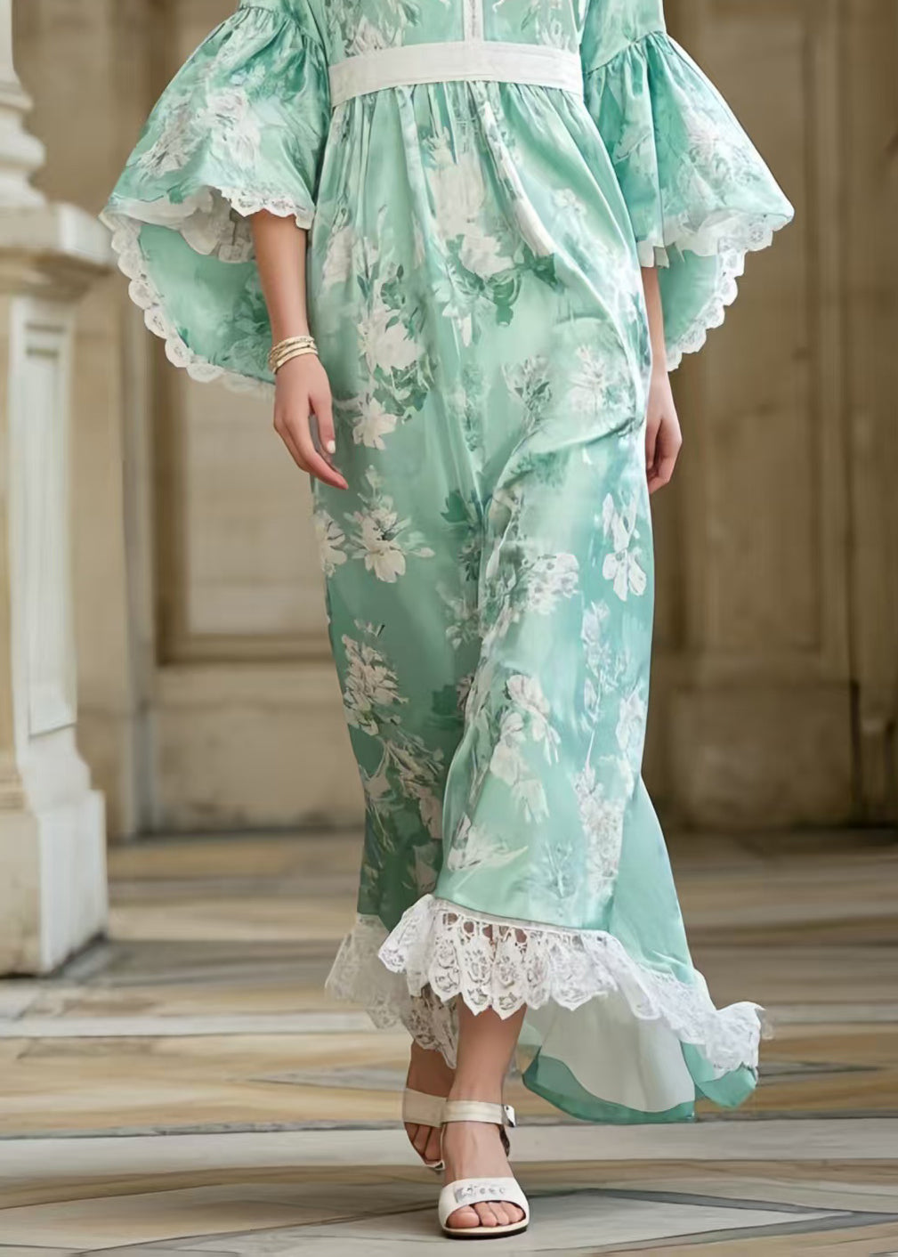 Casual Light Green Print Tunic Patchwork Lace Party Dress Flare Sleeve