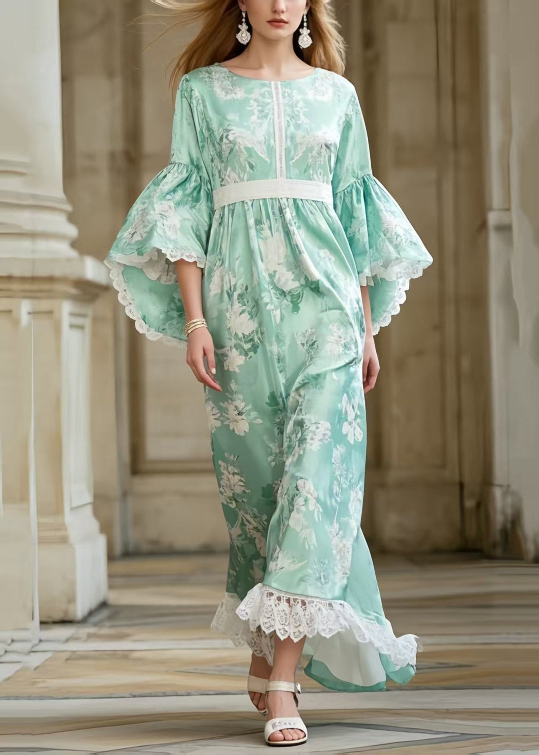 Casual Light Green Print Tunic Patchwork Lace Party Dress Flare Sleeve