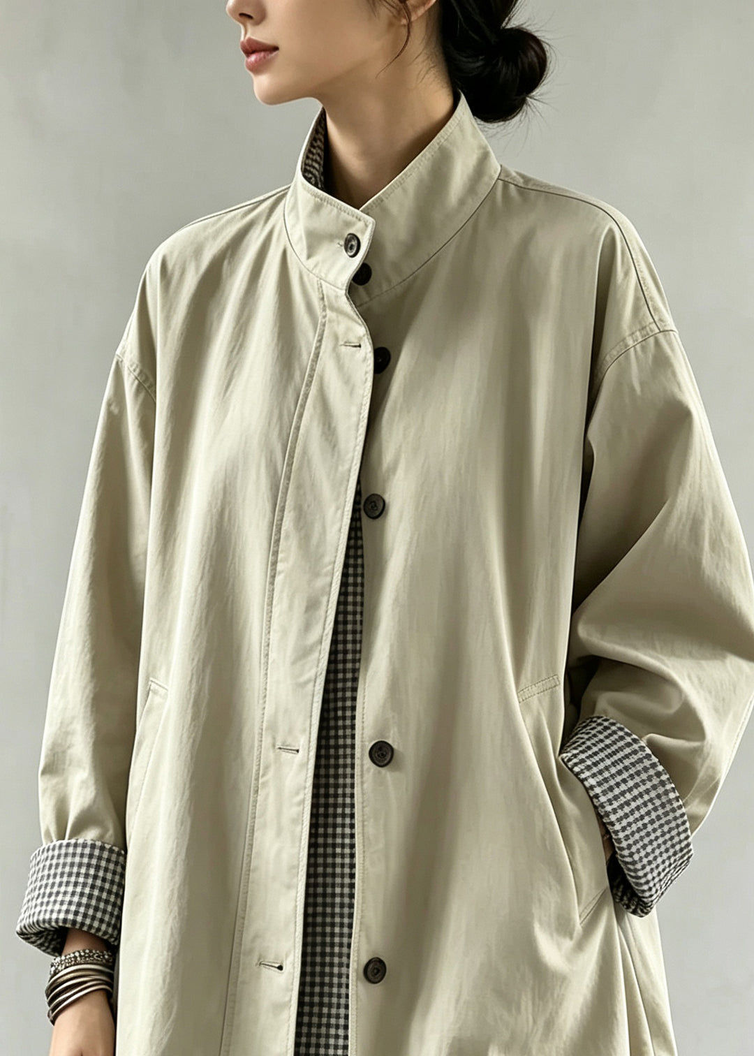 Casual Light Khaki Patchwork Button Trench Coats Fall