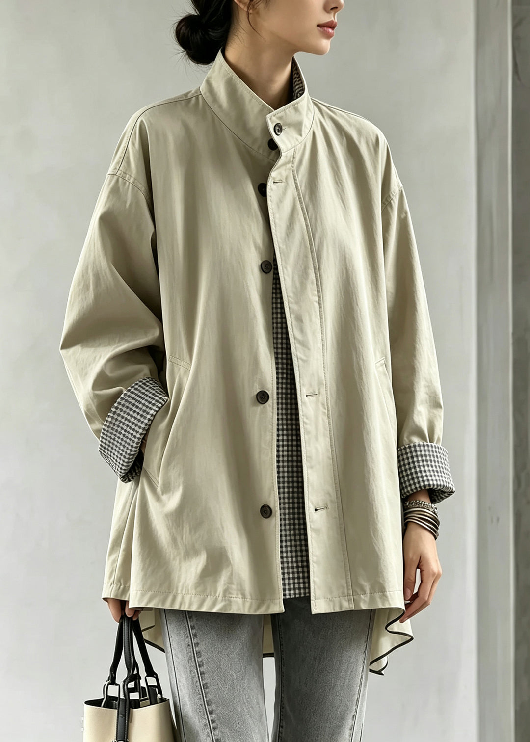 Casual Light Khaki Patchwork Button Trench Coats Fall