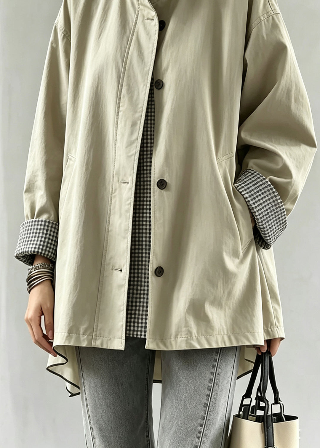 Casual Light Khaki Patchwork Button Trench Coats Fall