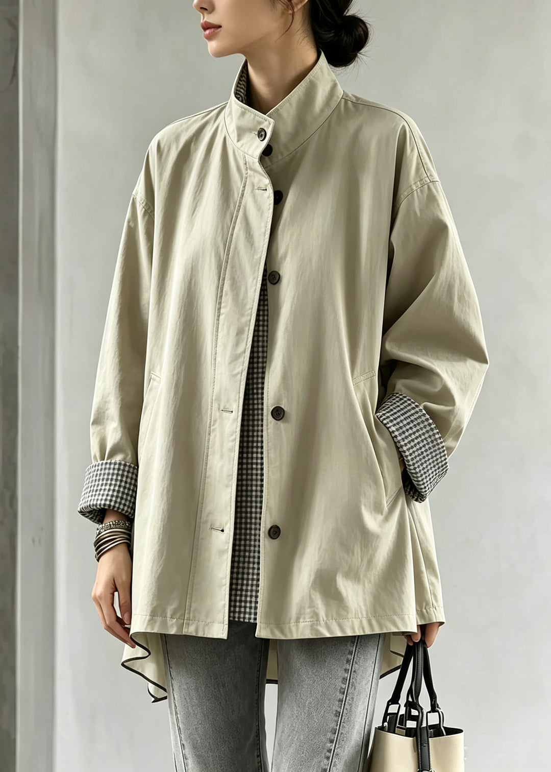 Casual Light Khaki Patchwork Button Trench Coats Fall