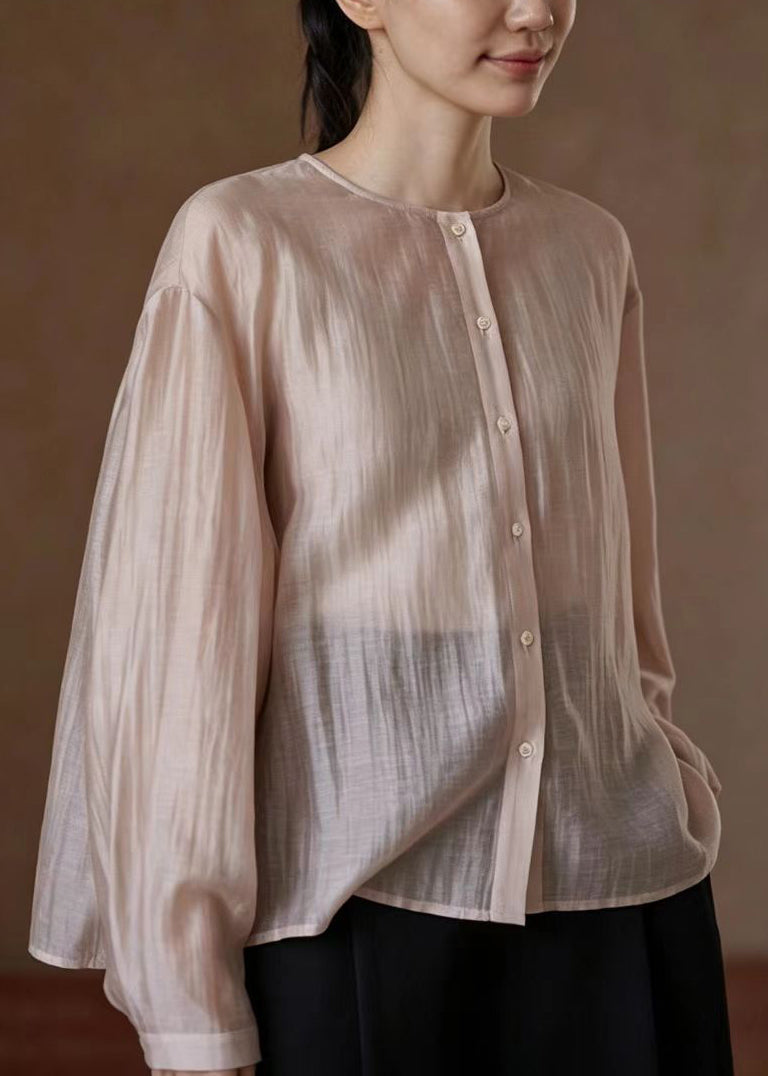Casual Light Pink O-Neck Shirt Top Long Sleeve