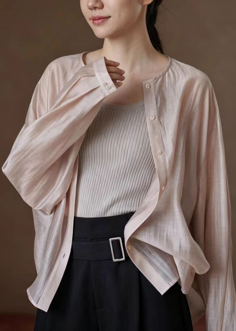Casual Light Pink O-Neck Shirt Top Long Sleeve
