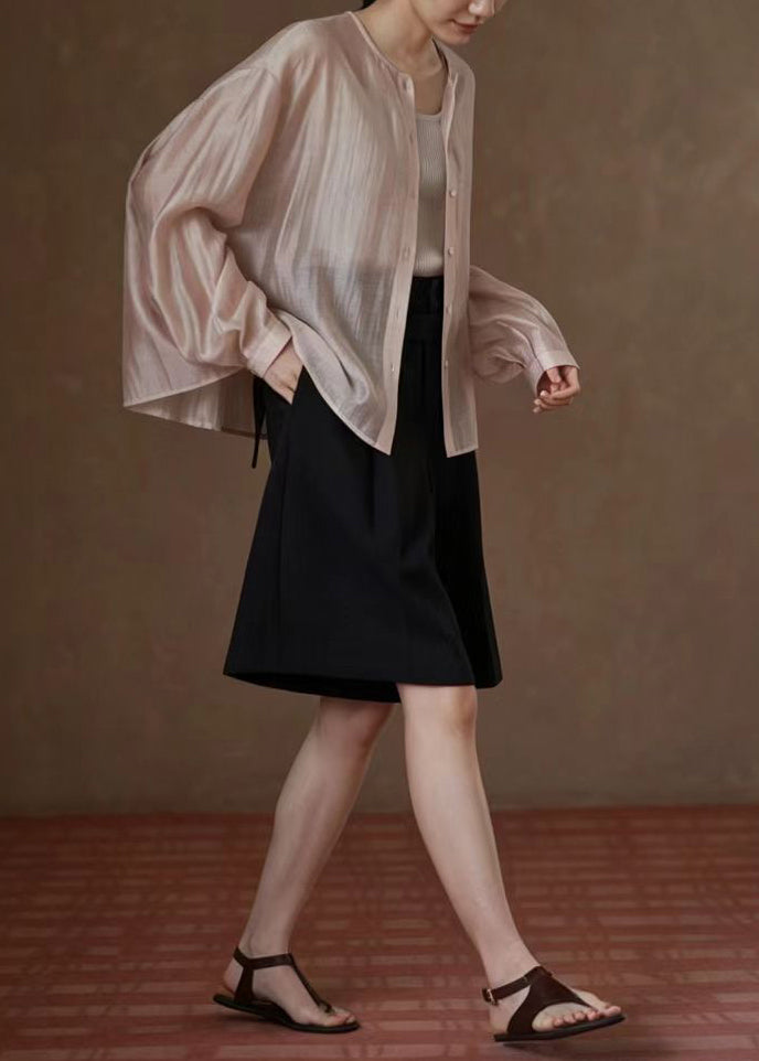 Casual Light Pink O-Neck Shirt Top Long Sleeve