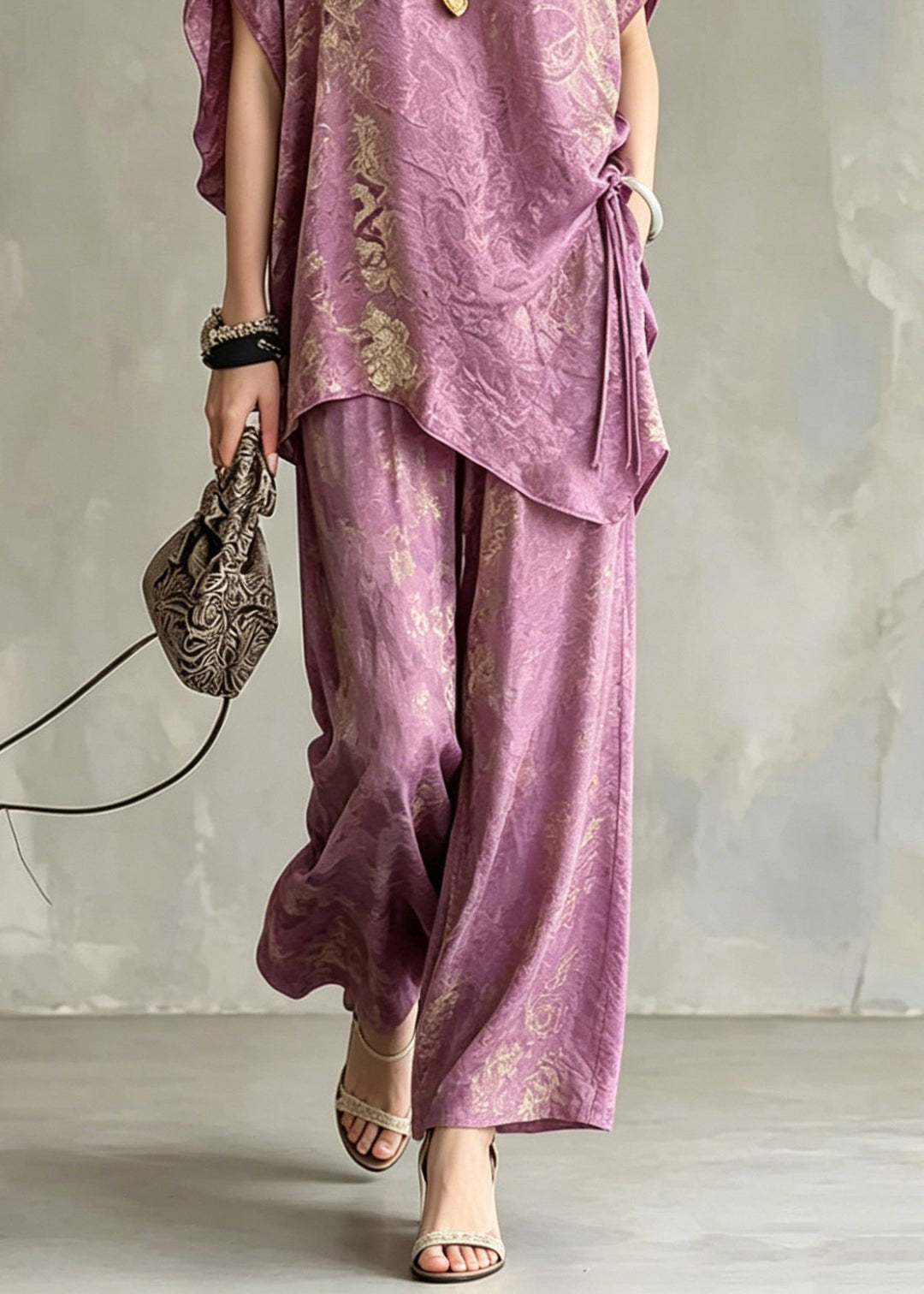 Casual Light Purple Asymmetrical Tie Waist Silk T Shirts And Wide Leg Pants Two Pieces Set Short Sleeve