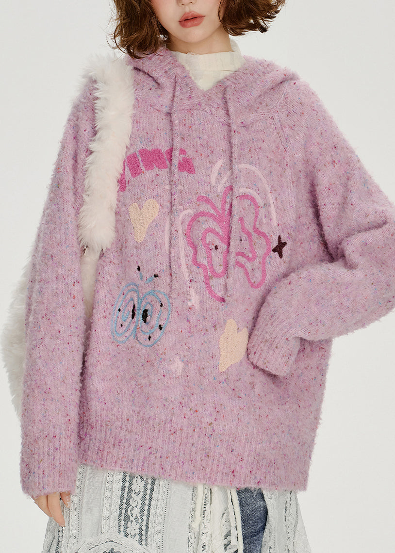 Casual Light Purple Hooded Jacquard Knit Loose Sweatshirt Winter