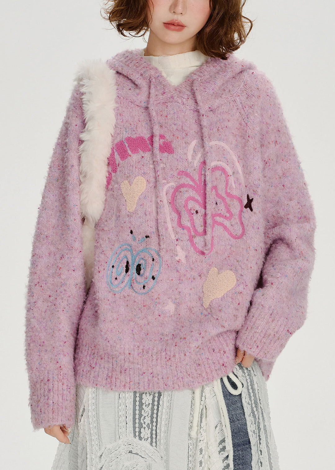 Casual Light Purple Hooded Jacquard Knit Loose Sweatshirt Winter