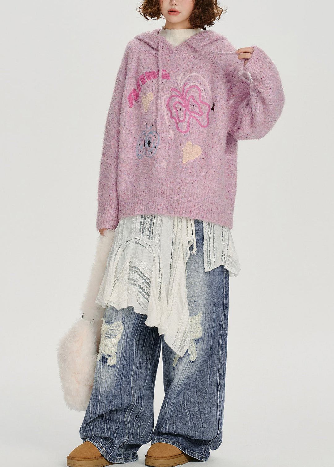 Casual Light Purple Hooded Jacquard Knit Loose Sweatshirt Winter