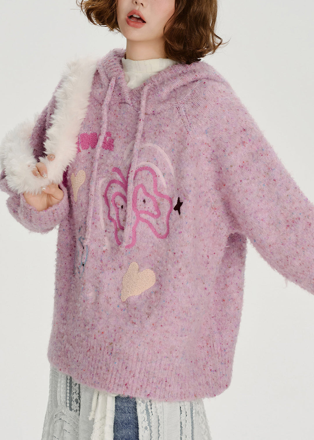 Casual Light Purple Hooded Jacquard Knit Loose Sweatshirt Winter