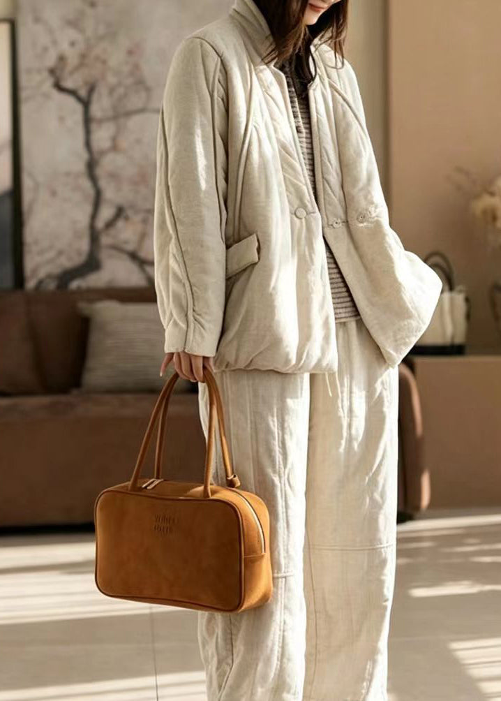 Casual Linen Tone Stand Collar Cotton Filled Jackets Winter