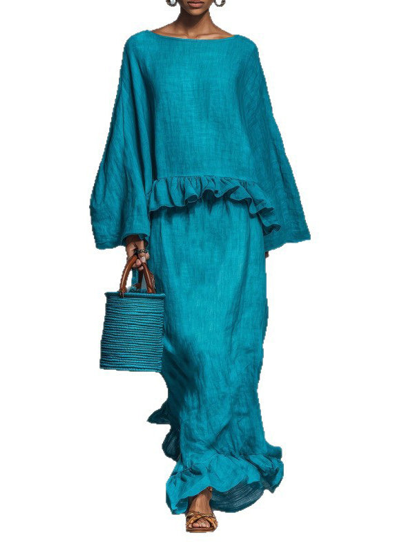 Casual Loose Blue Ruffled Patchwork Cotton Two Piece Set Long Sleeve