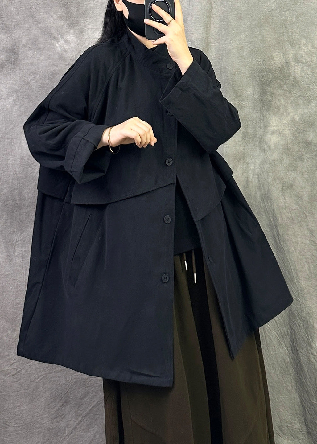 Casual Loose Grey Pockets Button Patchwork Cotton Coat Fall