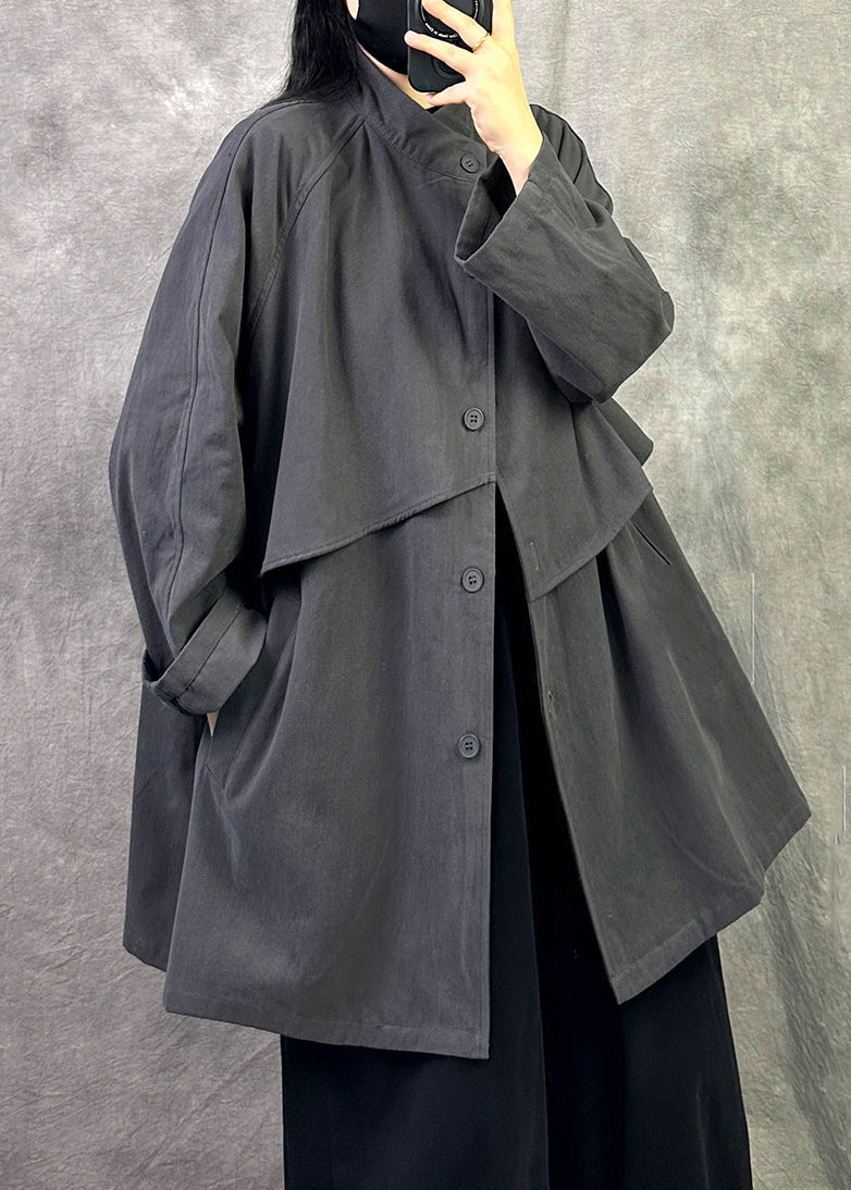 Casual Loose Grey Pockets Button Patchwork Cotton Coat Fall