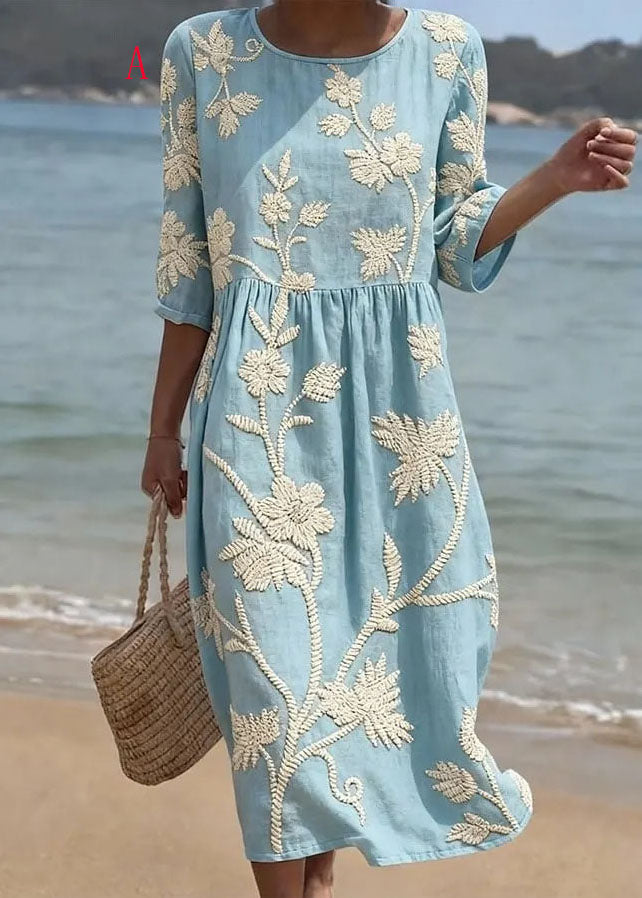 Casual Loose O Neck Print Cotton Long Dress Summer
