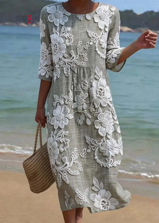 Casual Loose O Neck Print Cotton Long Dress Summer